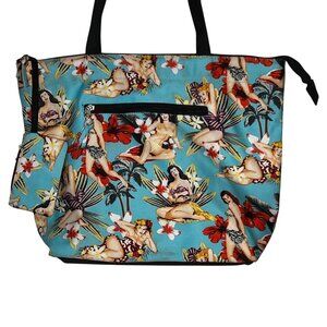 Vintage-Inspired Hawaiian Pin-Up Girl Print Tote Bag Zipper Pockets &  Pouch